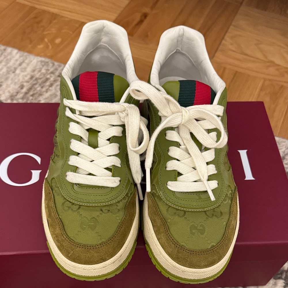 Gucci Olive and Tan Sneakers with Red and Blue Accents